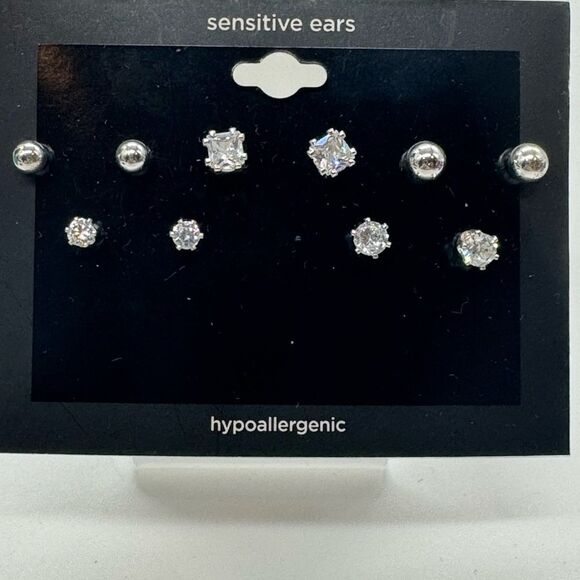 Variety 5 Pairs Silver Tone CZ Post Earrings - Picture 2 of 6